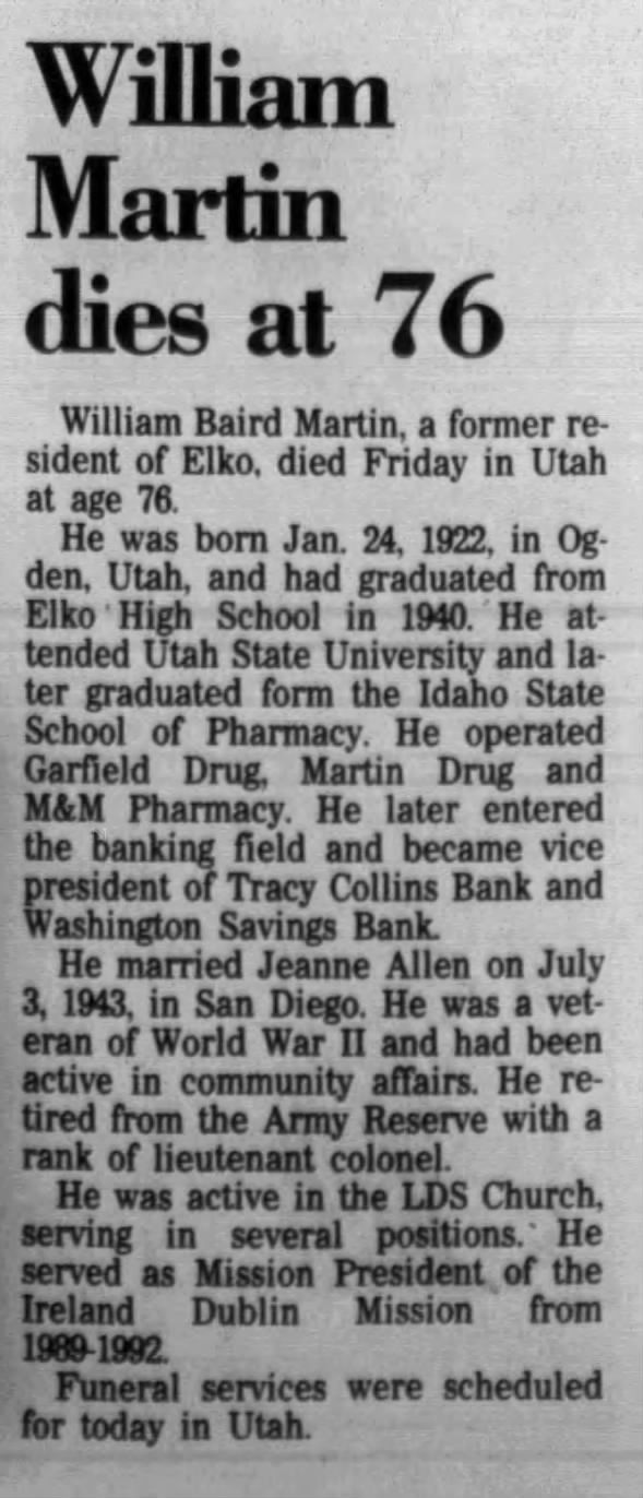 Obituary for William Baird Martin (Aged 76)